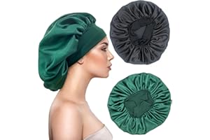 EUXINDUO 2 Stücke Satin Schlafmütze Bonnet Haarhaube Lockenhaube Zum Schlafen,Haarhaube für Die Nacht Vergrößerte Hoch Elastische Breite Krempe Weiche Weibliche Satin Haube Schlafen