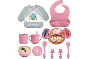 Jissta Silicone Baby Crockery Set, Baby Plates, 11-Piece Set Children's Plates with Suction Cup, Waterproof Baby Bib, Silicone Plate Non-Slip BPA Free (Pink)