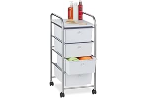 Relaxdays Storage Trolley Carrito Auxiliar, 4 Cajones, Metal y Plástico, Carro con Ruedas para Baño, Cosméticos, 74 x 33 x 39 cm, Plata, Hierro