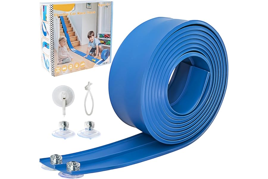 Flex Track 4.5m Starter Set, Flexible Race Car Ramp Track for Ages 3 & Up with Suction Cups Compatible with Diecast 1/64th Cars (Blue)