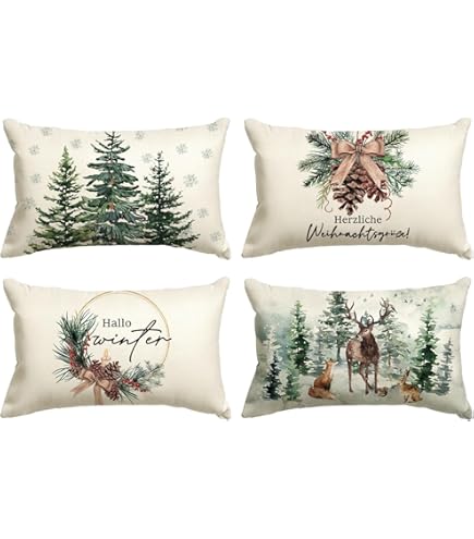 Lot De 4 Housses De Coussin Déco Noël - Motifs Renne, Père Noël, Bonhomme De Neige - 30x50 Cm - Lavable