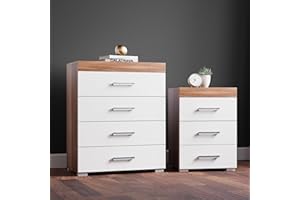 DRP Trading White & Walnut 2 Piece Bedroom Furniture Set, 3 Drawers Chest, 4 Drawers Chest, Ample Storage, Elegant Décor, Ideal for Bedroom Organisation, Quality Bedroom Set