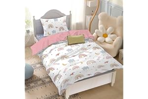 Yasida Toddler Rainbow Bedding Girls Single Duvet Cover Set Pink Cot Bedding With Stars, Clouds & Moon Design For Kids/Toddler Cute Duvet Cover 120x150cm + 1 Pillowcase 40x60cm Children'S Room Decor