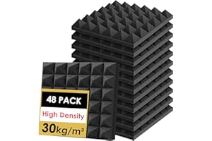 Foneso FONESO Acoustic Panels High Density Soundproof Foam Panels Walls, Sound Absorbing Panels, Acoustic Foam Noise Canceling Panels Fire Resistant Studio Recording 2''x12''x12'' (48Pack), Black