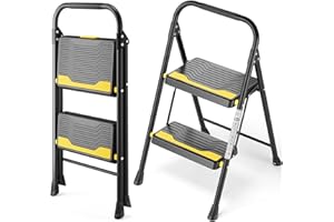 URACKIFY Escabeau 2 marches Pliable 150kg Charge maximale,Echelle Verrouillage, pédales Larges accoudoirs escabeau escamotable légères pour la Maison, Cuisine, Placard et Bureau,Noir