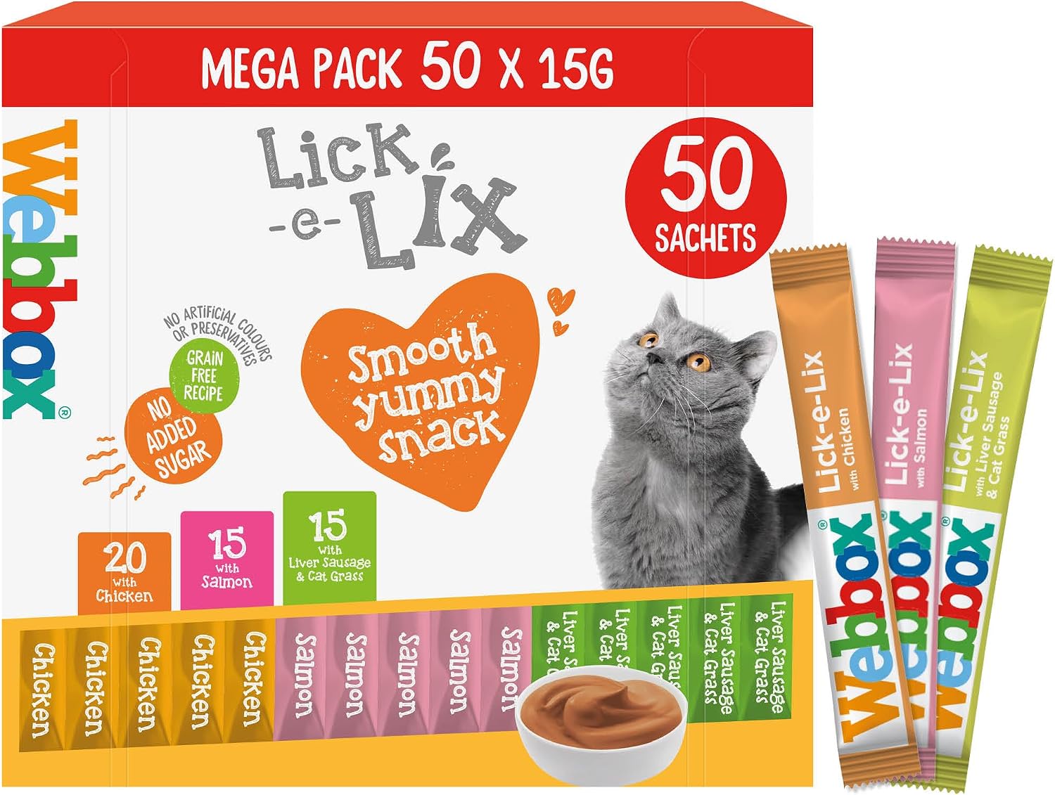 Webbox Lick-e-Lix Cat Treats Variety Value Pack - Kitten Friendly, Grain Free, No Artificial Preservatives or Colours (50 Pack)