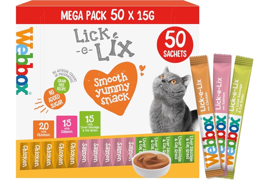 Webbox Lick-e-Lix Cat Treats Variety Value Pack - Kitten Friendly, Grain Free, No Artificial Preservatives or Colours (50 Pack)