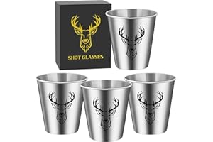 LKKCHER NOVELTY Lot de 4 Verres à Shot en Acier Inoxydable de 70 ml, avec Boîte Cadeau, Motif de Tête de Cerf Noir, Empilable Tasse de Fête, Cadeaux pour Chasseurs, Ami, Mariage, Anniversaires, Pique-Niquer, Camping