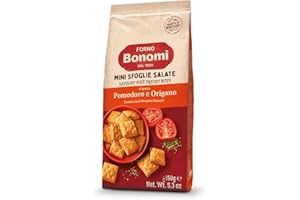 Forno Bonomi, Mini Sfoglie Pomodoro e Origano. Snack pronti da gustare per una pausa o per un aperitivo sfizioso con gli amici. Confezione da 150 grammi.