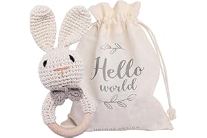 Youuys Giocattolo Sonaglio Neonati in Legno, Con Suono, Massaggiagengive All'uncinetto, Giochini Dentizione Neonati, Animali Morbidi Giocattoli, Regalo per Neonati Bambini (Coniglio)