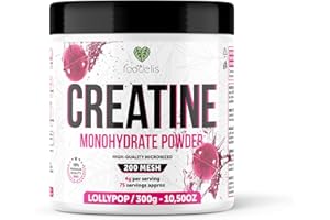 Foodelis Creatina Monohidratada en Polvo 300 g – Sabor Lollipop – 100% Creatina Micronizada – Alta Pureza – Sin Aditivos – Vegana – Alta Solubilidad – Incluye Dosificador