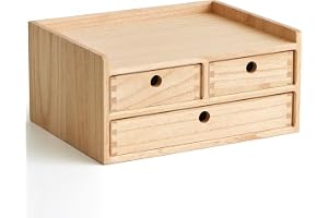KIRIGEN Lådbox i trä, skrivbordsorganizer, A4-fack, natur | 35 x 27 x 16,7 cm, 3 lådor, förvaringsfack, massivt trä, handgjorda, färdigmonterade, kottfogar, vegetabilisk olja