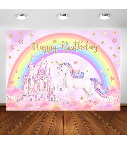 YongFoto Sfondo Fotografico In Cartone 2,2x1,5m - Unicorno Arcobaleno Rosa Con Nuvole E Stelle Per Festa Compleanno E Baby Shower
