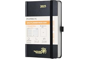 POPRUN Agenda 2025 Giornaliera Piccola, 16 x 10,5 cm, Copertina Rigida, Daily Planner 2025 con Angoli a Strappo e Nastro Segnalibro, Carta Spessa da 70 GSM EU, Nero