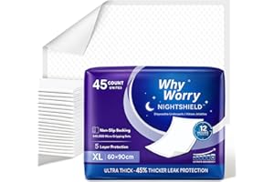 WhyWorry NightShield Alèses Jetables 60x90 cm Antidérapant, Matelas de Lit Protections pour Adultes Incontinence et Fuites Urinaires, Tapis Absorbant, Contrôle des Odeurs, 45 Unités