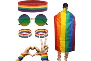 HAKOTOM 5Tlg Gay Pride Accessoire Regenbogen Umhang Regenbogenstirnband LGBT Rainbow Gay Pride Set mit Runde Brille für Gaypride Feiern Festival Schwulenpa