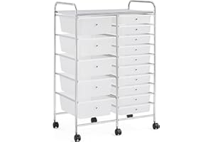 Yaheetech 15 Drawers Plastic Storage Cart, Multipurpose Mobile Organizer Unit with 4 Lockable Wheels, Utility Rolling Trolley for Home Office School Salon & Beauty, White