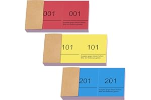 Nezyo Doppelnummern Blöck 1-300 Tombola Lose mit Zahlen Nummernblöcke Zahlenblöcke 10cm X 5cm Raffle Tickets für Garderobe Verlosung Events Messen Eintrittskarten und Leckereien(Rot, Gelb, Blau)
