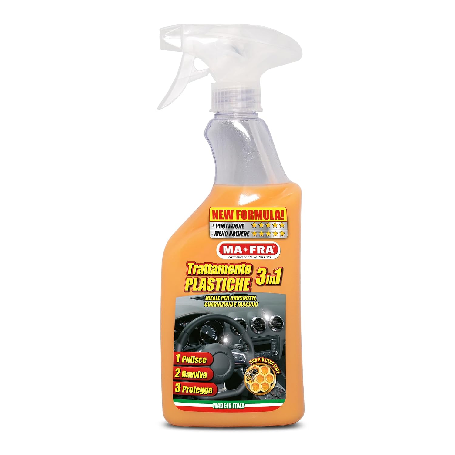 Ma-Fra Trattamento 3in1 Plastiche, Pulisce, Ravviva e Protegge Parti Interne dell'Auto, Ideale per Cruscotti e Guarnizioni, Crea Barriera Anti Raggi UV, Rallenta Formazione di Polvere, Formato 500ml