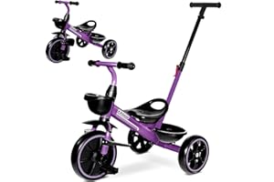 KRIDDO 2-en-1 Tricycle pour Enfants de 18 Mois à 5 Ans - Poignée de poussée Extensible pour Une Conduite sans Effort, Tricycle Cadeau de 3 à 5 Ans, Tricycle avec Repose-Pieds Avant Pliable, Violet