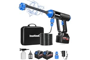 IronHawk Nettoyeur Haute Pression sans Fil – Batterie 2×Li‑ION, Portable & Léger, Buse 6‑en‑1, Tuyau 10 m – pour Voiture, Terrasse et Jardin