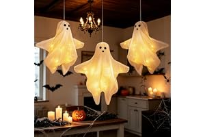 Bseical Halloweendekoration, spöke med varma vita LED-lampor, 3 stycken 45 cm hängande spöke, dekoration med vingar, hallowee