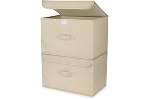 DIMJ Lot de 2 Caisse de Rangement en Tissu avec Couvercles, Paniers de Rangement Pliables avec Couvercles et Poignées pour Placard Large (Grand Beige 2pcs)