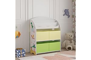 [en.casa] Scaffale per Cameretta con Contenitori a Scaletta Libreria 4 Scatole Pieghevoli Porta Giochi Mobile a Misura di Bimbi 97,5 x 82,5 x 29,5 cm Motivo Dinosauro - Verde/Giallo