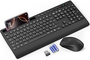SABLUTE Tastatur Maus Set Kabellos, Leise 2,4 GHz Tastatur in voller Größe mit Handballenauflage, Telefonhalter, Multimediatasten, Kabelloses Set für Windows, Chrome OS, PC, Laptop (Batterien) (Black)