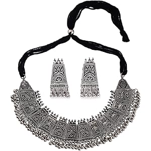 Shining Diva Fashion Latest Stylish Traditional Oxidised Silver Necklace Jewellery Set for Women (13108s)
