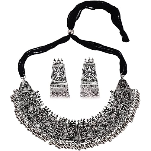 Shining Diva Fashion Latest Stylish Traditional Oxidised Silver Necklace Jewellery Set for Women (13108s)