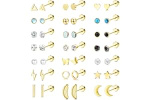 JeweBella 21 Paires Boucles d'Oreilles Femme Petite en Acier Chirurgical Hypoallergénique Boucles d'Oreilles Cartilage Etoile Lune Perle Papillon Zircon Clou d'Oreille Plat Ensemble Piercing Bijoux