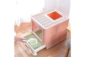 GENPLUS Bac à Litière Fermé pour Chat, Maison de Toilette, Plateau Amovible, Pelle, Brosse, pour Grand Chat, Capacité de Charge 15 kg,Anti-fuites,Grande Maison de Toilette Chat (51 * 41 * 38cm-Rose)