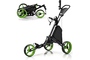 COSTWAY Carrello da Golf Pieghevole con 3 Ruote, Struttura in Alluminio, Cinghia Elastica, Portaombrello Regolabile e Porta Bicchiere, Segnapunti e Freno a Pedale