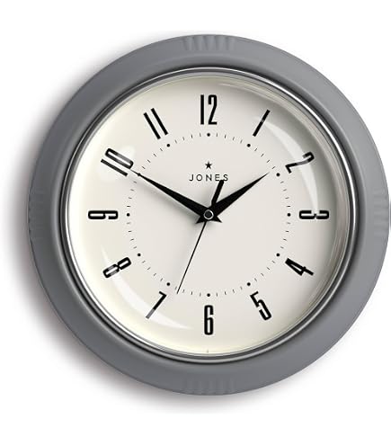 JONES CLOCKS® Ketchup Murale | Horloge de dîner rétro Ronde | 25cm | Gris | Idéal pour la Cuisine, Le Salon, Le Bureau ou la Chambre à Coucher | Chiffres faciles à