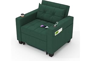 DURASPACE Sleeper Chair 3-in-1 Convertible Chair Bed Pull Out Sleeper Chair Beds Adjustable Single Armchair Sofa Bed with USB Ports, Side Pocket, Cup Holder for Small Space (Forest Green)