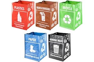 DANIEL JAMES HOUSEWARES Daniel James Reusable Recycling Bags - Set of 5 Waterproof Recycling Sorting Bags with Carry Handles for Kitchen, Home & Office - Heavy Duty Waste Bins for Indoor & Outdoor – Large: 45cm x 32cm