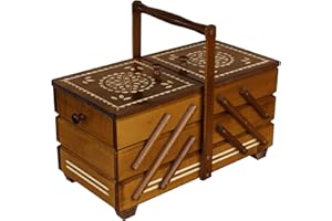 METDREW Nähkästchen Holz | Nähkasten groß | Nähkoffer mit 7 Fächern | ausziehbarer Organizer | Schmuckschatulle | dekorativer Knopfdose aus Holz | 32,5 x 40 x 22,5 cm | Farbe: Rustikale Eiche