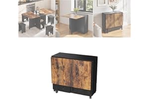 Warmiehomy 5 Piece Folding Dining Table and Chairs Wooden Drop Leaf Dining Table with Storage Shelves & 6 Wheels and Kitchen Stools Set of 4 for Compact Apartment Home Living Room, Space Saving