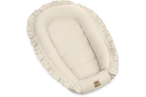 PIMKO Baby Nest with Ruffles, Baby Nest for Baby, Cuddly Nest, Baby Cocoon for Infants and Newborns, 100% Cotton, Cot Bumper Suitable for Home, 55 x 90 cm (Beige with Flap)
