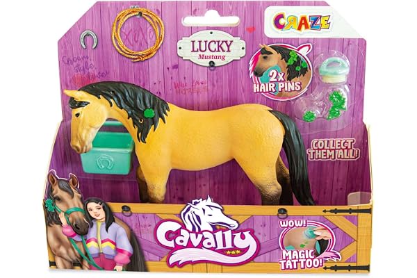 Cavally Box Set Lucky - Jouet Cheval Fille à Collectionner, Figurine Cheval Mustang réaliste avec Accessoires & Effets spéciaux
