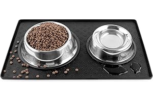 COOMAZY Pet Feeding Mat for Dogs Cats Rabbits, Non-Slip Grip for Wood Floor or Carpet, Silicone Waterproof Mat for Bowls Food Treats (M: 18.9x11.8in, Black)