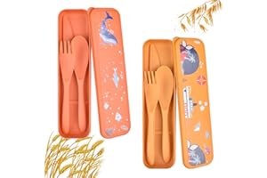 DIYJEP Ensemble de couverts de voyage avec étui, 2 couverts de camping en plastique, Couvert pique nique portables, Ensembles de couteaux fourchettes cuillère Reutilisable pour Travail (Jaune+Orange)