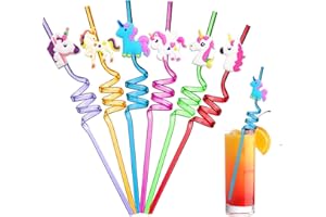 Ulife Mall 6pcs Pailles Licorne, Pailles en Plastique Rigide Bouclées Pailles à Boire Réutilisables pour Enfants Pailles Spirales pour Fournitures de Fête d'anniversaire, Décoration de Table Fête