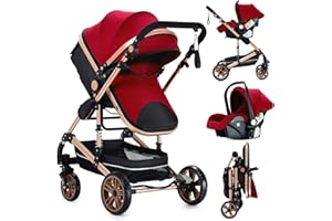 Nine point nine Poussette 3 en 1, Poussette Bebe avec Double Modes de Poussée Réversibles, Poussette Canne avec Grande Nacelle Confortable, Pousette avec Cadre Aluminium Haute Paysage (739 Red)