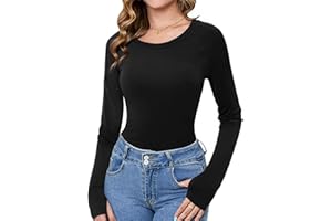 Crewhpo Womens Long Sleeve Tops Ladies Crew Neck Base Layer Shirts Slim Fit Basic Stretch Top Lightweight Undershirt with Thumb Holes
