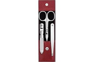 ZWILLING Set per manicure e pedicure in pelle bovina con bottone a pressione, forbici per unghie, colore: rosso