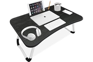Blisswood Laptop Bed Table Lap Standing Desk, Sofa Breakfast Bed Tray Folding Laptop Lap Desk Cup Holder Notebook Stand Steel Legs 60x40x28cm For Reading Writing Working, Black