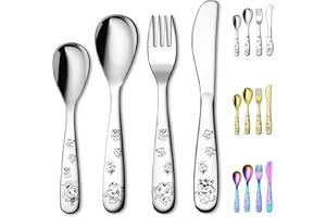 Berglander Couvert Enfant 4 pièces, vaisselle de fourchette et de cuillère de sécurité pour enfants, vaisselle à bord lisse miroir poli, sécurité lave vaisselle