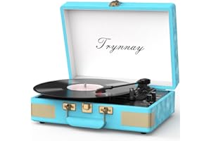 Trynnay Giradischi a 3 marce, lettore portatile in vinile con altoparlanti integrati, giradischi, audio migliorato, pelle PU, blu vintage